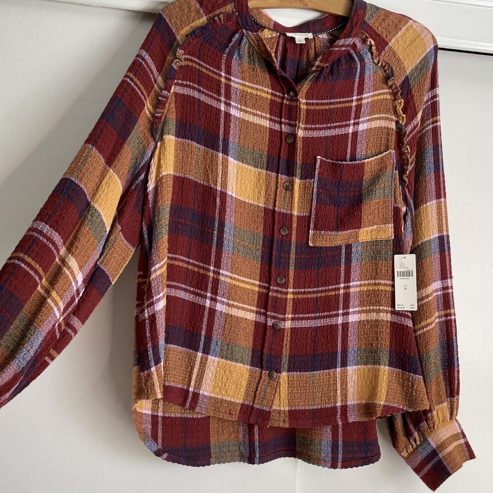 Pilcro Anthropologie Relaxed Plaid Button Down Shirt Size M Red Yellow Fall Boho